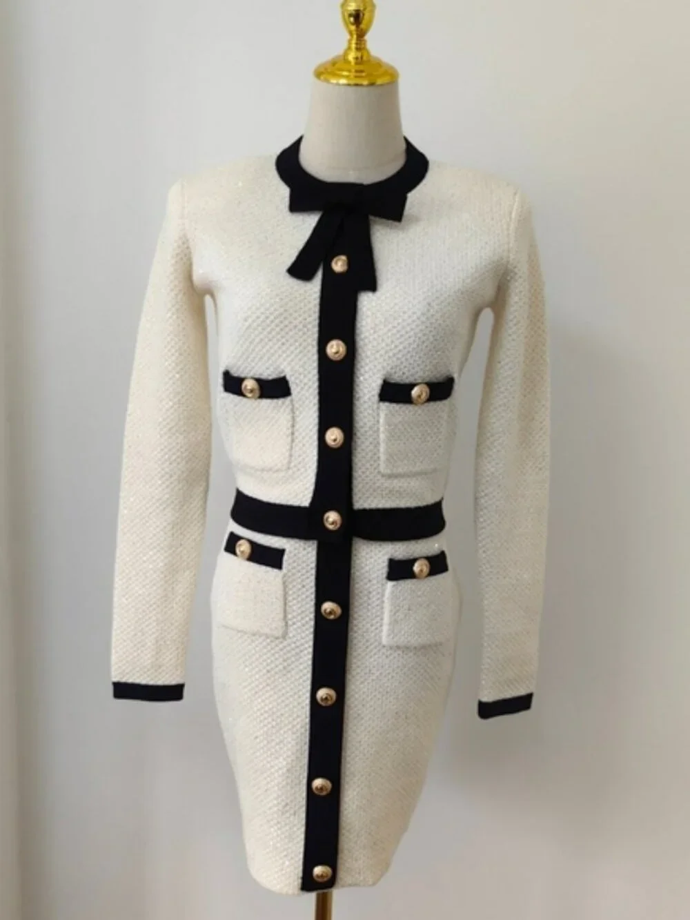 Self-portrait Sequined cotton blend bow cardigan With matching Mini Skirt - Picture 8 of 16